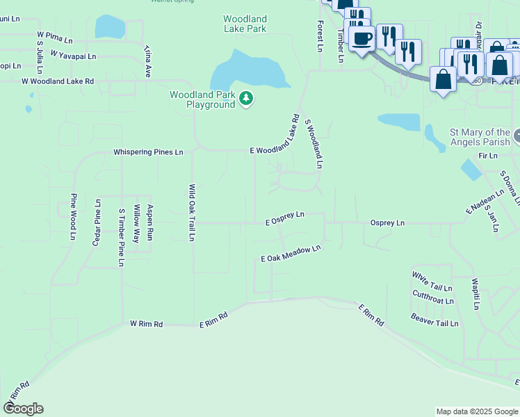 map of restaurants, bars, coffee shops, grocery stores, and more near 2241 South Woodland Hills Lane in Pinetop-Lakeside