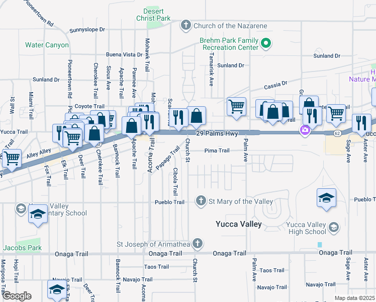 map of restaurants, bars, coffee shops, grocery stores, and more near 56301 Pima Trail in Yucca Valley