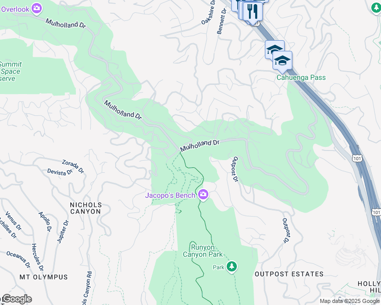 map of restaurants, bars, coffee shops, grocery stores, and more near 7302 Mulholland Drive in Los Angeles