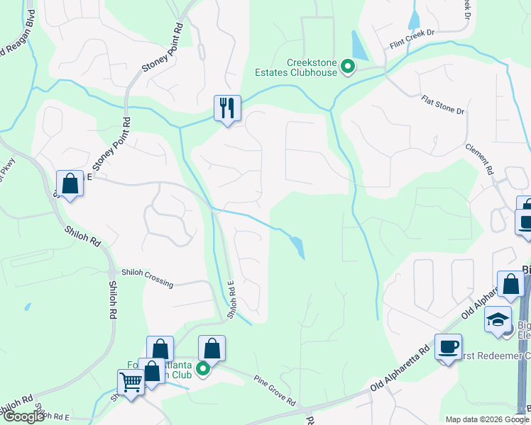 map of restaurants, bars, coffee shops, grocery stores, and more near 6413 Oakleigh Place in Alpharetta