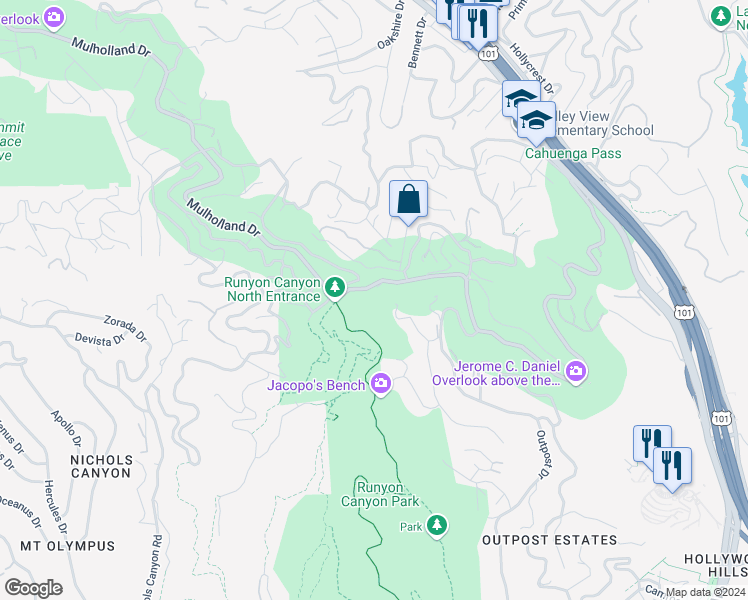 map of restaurants, bars, coffee shops, grocery stores, and more near 7300 Mulholland Drive in Los Angeles