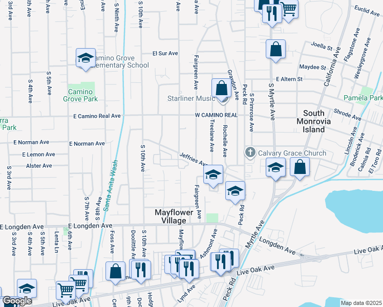 map of restaurants, bars, coffee shops, grocery stores, and more near 324 Jeffries Avenue in Monrovia