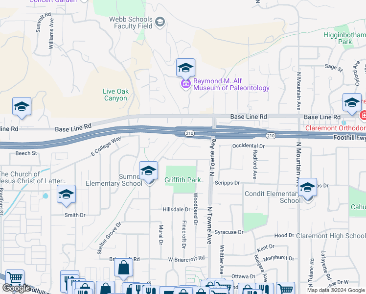 map of restaurants, bars, coffee shops, grocery stores, and more near 604 Gayville Drive in Claremont
