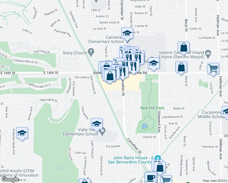 map of restaurants, bars, coffee shops, grocery stores, and more near 7410 Napa Court in Rancho Cucamonga