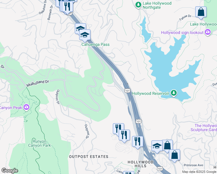 map of restaurants, bars, coffee shops, grocery stores, and more near 6760 Gill Way in Los Angeles