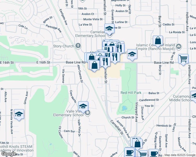 map of restaurants, bars, coffee shops, grocery stores, and more near 7408 Napa Court in Rancho Cucamonga