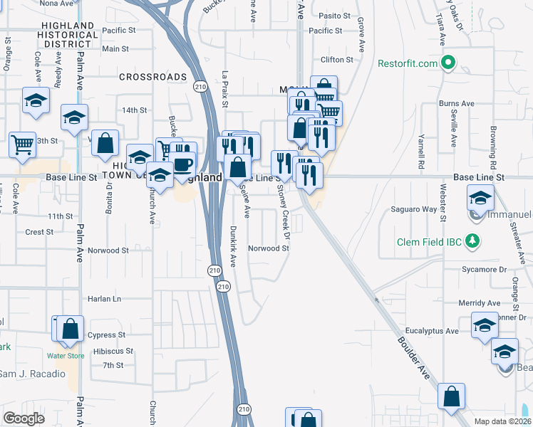 map of restaurants, bars, coffee shops, grocery stores, and more near 7401 Catalpa Avenue in Highland