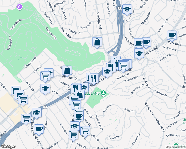 map of restaurants, bars, coffee shops, grocery stores, and more near 3854 North Riley Lane in Los Angeles