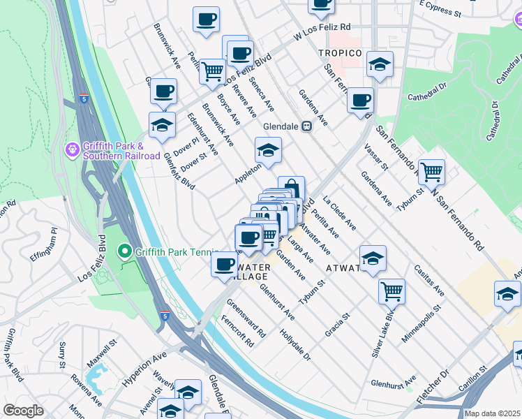 map of restaurants, bars, coffee shops, grocery stores, and more near 3677 Edenhurst Avenue in Los Angeles