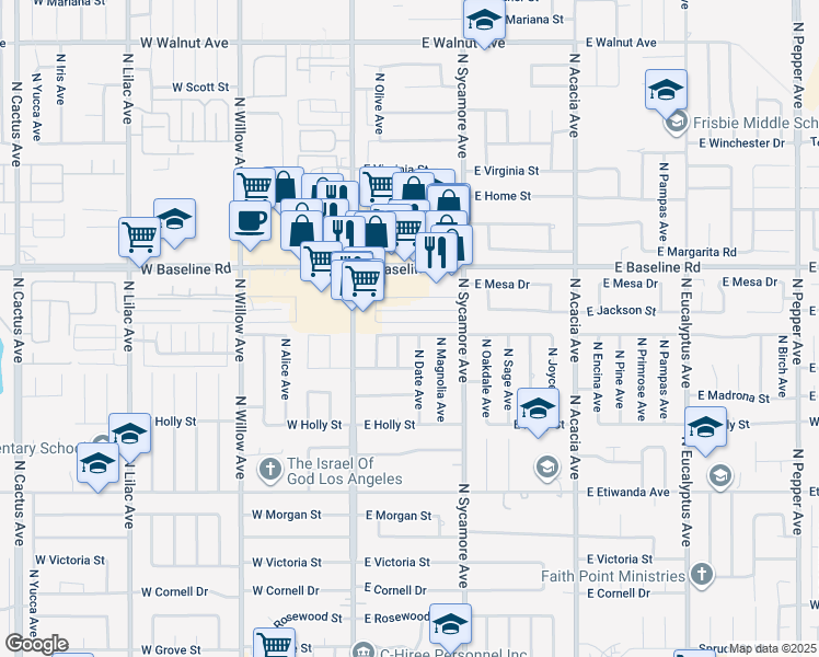 map of restaurants, bars, coffee shops, grocery stores, and more near 202 East Shamrock Street in Rialto