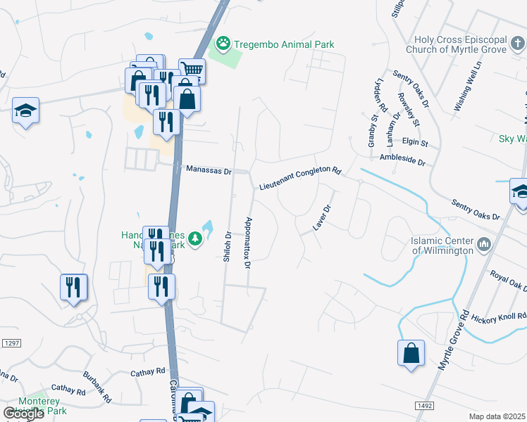 map of restaurants, bars, coffee shops, grocery stores, and more near 712 Liberty Landing Way in Wilmington