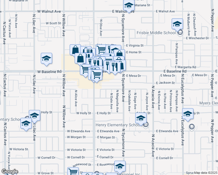 map of restaurants, bars, coffee shops, grocery stores, and more near 202 East Shamrock Street in Rialto
