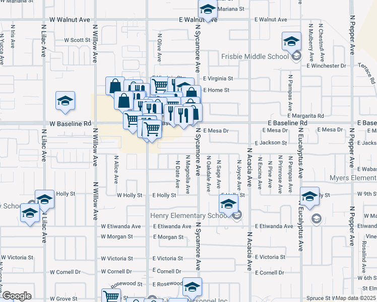 map of restaurants, bars, coffee shops, grocery stores, and more near 262 East Shamrock Street in Rialto