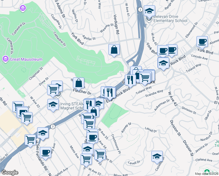 map of restaurants, bars, coffee shops, grocery stores, and more near 3872 North Riley Lane in Los Angeles