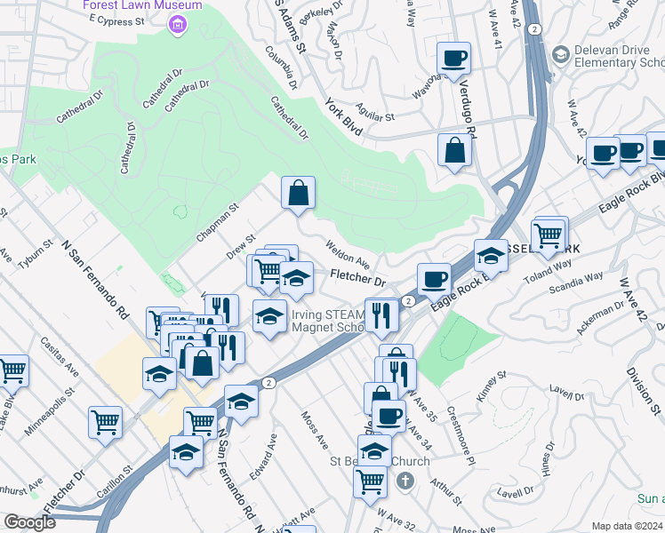 map of restaurants, bars, coffee shops, grocery stores, and more near 3501 Fletcher Drive in Los Angeles