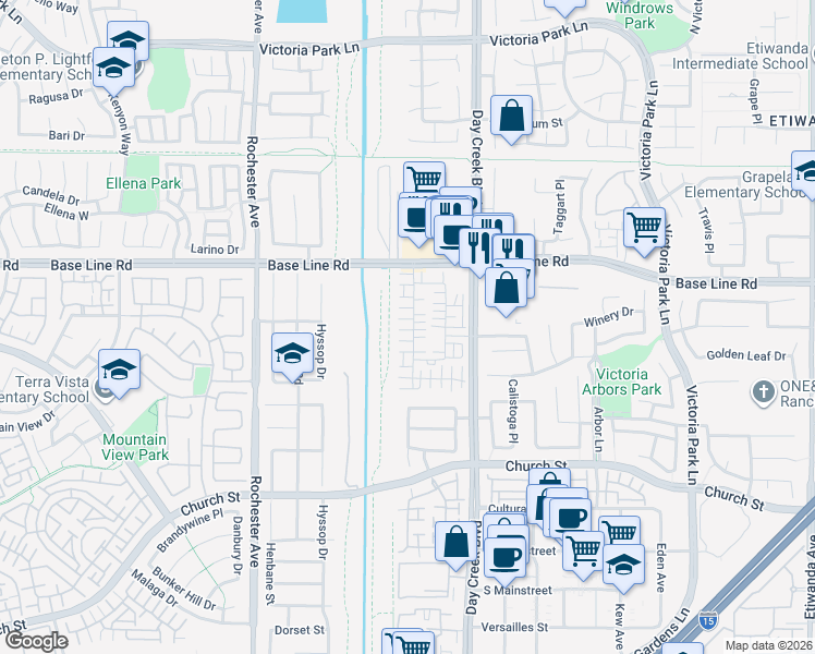 map of restaurants, bars, coffee shops, grocery stores, and more near 7418 Solstice Place in Rancho Cucamonga