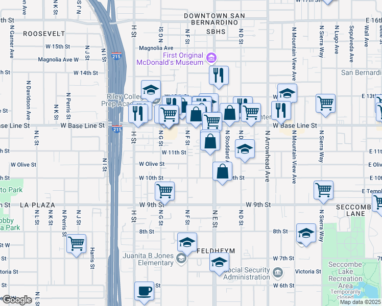 map of restaurants, bars, coffee shops, grocery stores, and more near 1095 North F Street in San Bernardino
