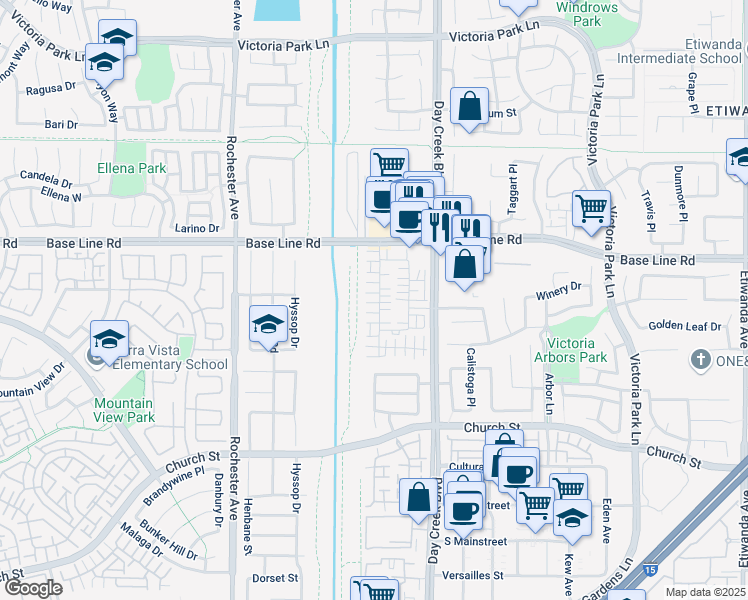 map of restaurants, bars, coffee shops, grocery stores, and more near 7418 Solstice Place in Rancho Cucamonga