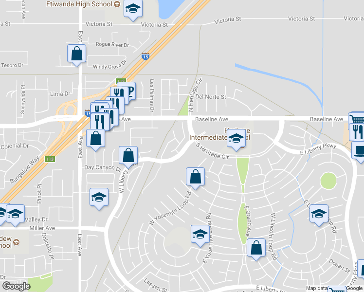 map of restaurants, bars, coffee shops, grocery stores, and more near 7397 McClellan Court in Fontana