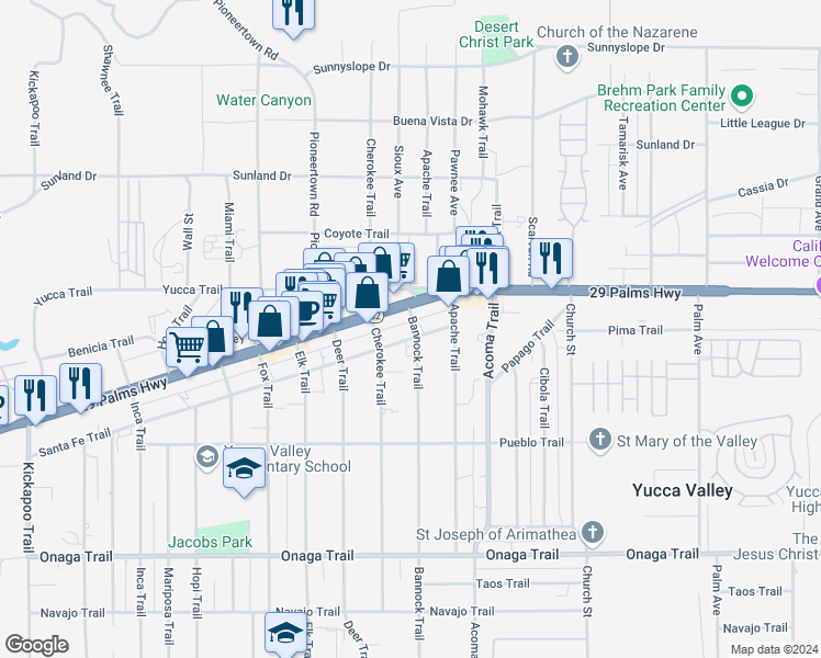 map of restaurants, bars, coffee shops, grocery stores, and more near 55944 Santa Fe Trail in Yucca Valley
