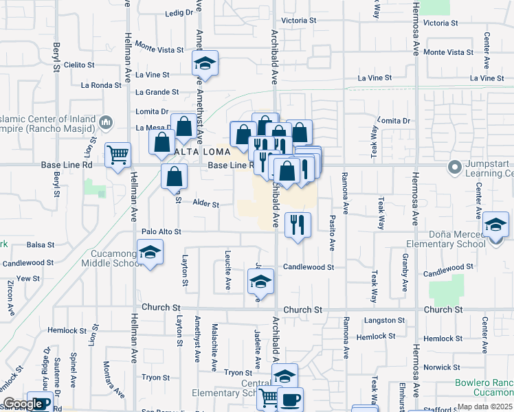 map of restaurants, bars, coffee shops, grocery stores, and more near 7450 Archibald Avenue in Rancho Cucamonga
