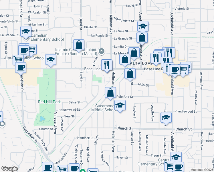 map of restaurants, bars, coffee shops, grocery stores, and more near 7480 Hellman Avenue in Rancho Cucamonga