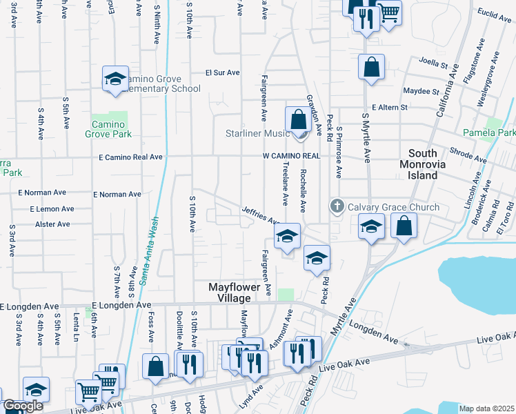 map of restaurants, bars, coffee shops, grocery stores, and more near 324 Jeffries Avenue in Monrovia
