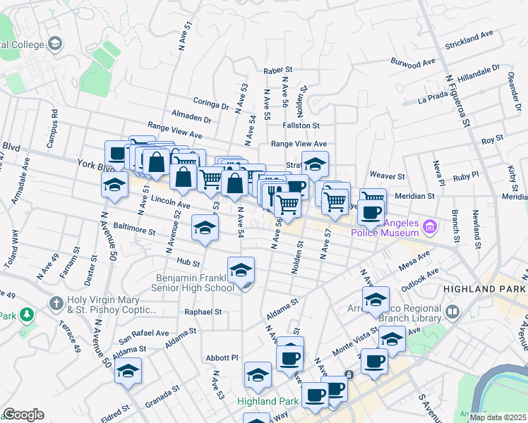 map of restaurants, bars, coffee shops, grocery stores, and more near 5425 Buchanan Street in Los Angeles