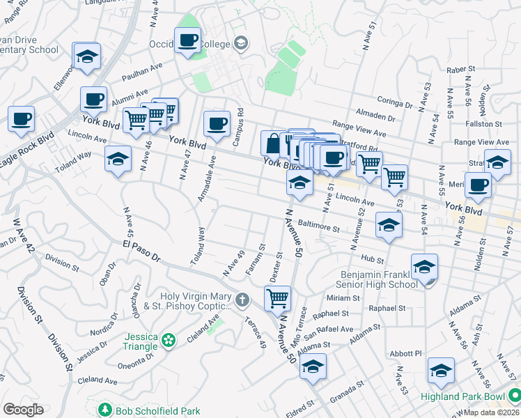 map of restaurants, bars, coffee shops, grocery stores, and more near 4918 Baltimore Street in Los Angeles