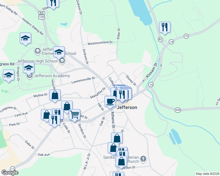 map of restaurants, bars, coffee shops, grocery stores, and more near 2 Gum Springs Church Road in Jefferson
