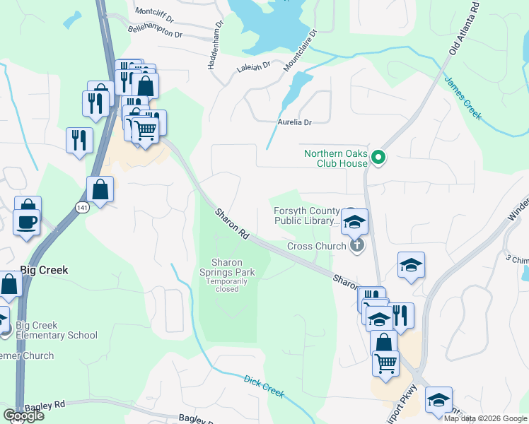 map of restaurants, bars, coffee shops, grocery stores, and more near 2030 Oak Lane in Cumming