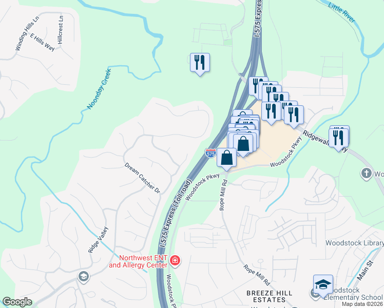 map of restaurants, bars, coffee shops, grocery stores, and more near 822 Honey Springs Drive in Woodstock