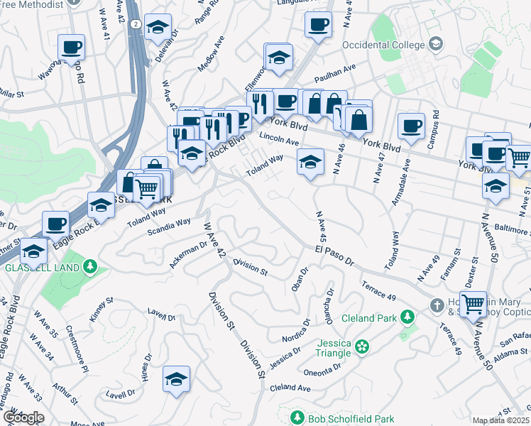 map of restaurants, bars, coffee shops, grocery stores, and more near 1335 El Paso Drive in Los Angeles