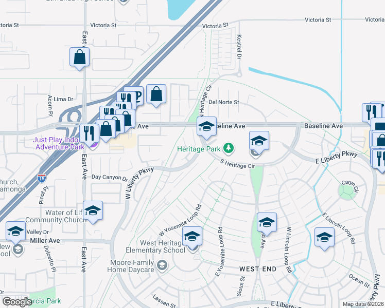 map of restaurants, bars, coffee shops, grocery stores, and more near 7397 McClellan Court in Fontana