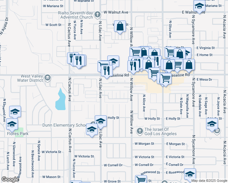 map of restaurants, bars, coffee shops, grocery stores, and more near 1094 North Vista Avenue in Rialto