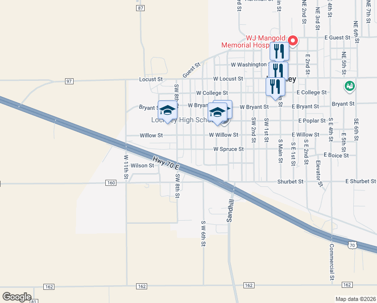 map of restaurants, bars, coffee shops, grocery stores, and more near 610 South West 7th Street in Lockney
