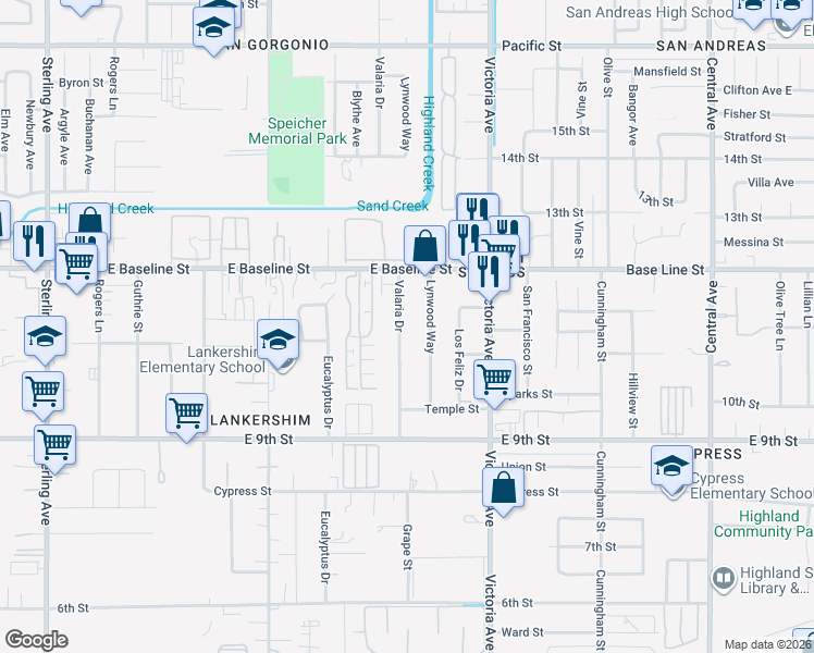 map of restaurants, bars, coffee shops, grocery stores, and more near 7429 Valaria Drive in Highland