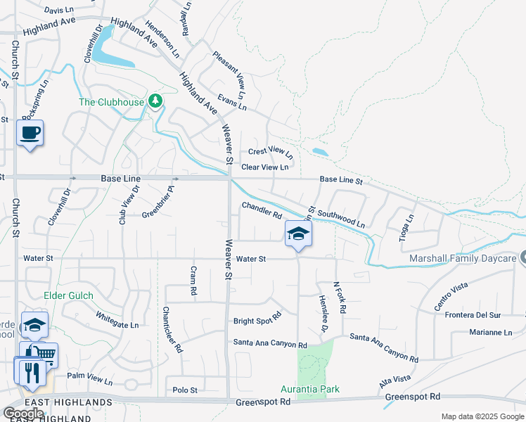 map of restaurants, bars, coffee shops, grocery stores, and more near 201 Chandler West in Highland