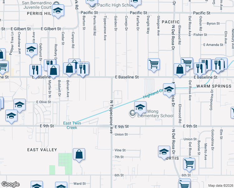 map of restaurants, bars, coffee shops, grocery stores, and more near 1025 North Tippecanoe Avenue in San Bernardino