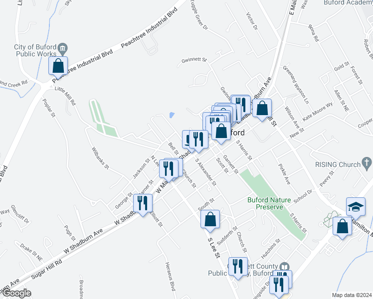 map of restaurants, bars, coffee shops, grocery stores, and more near 209 West Shadburn Avenue in Buford