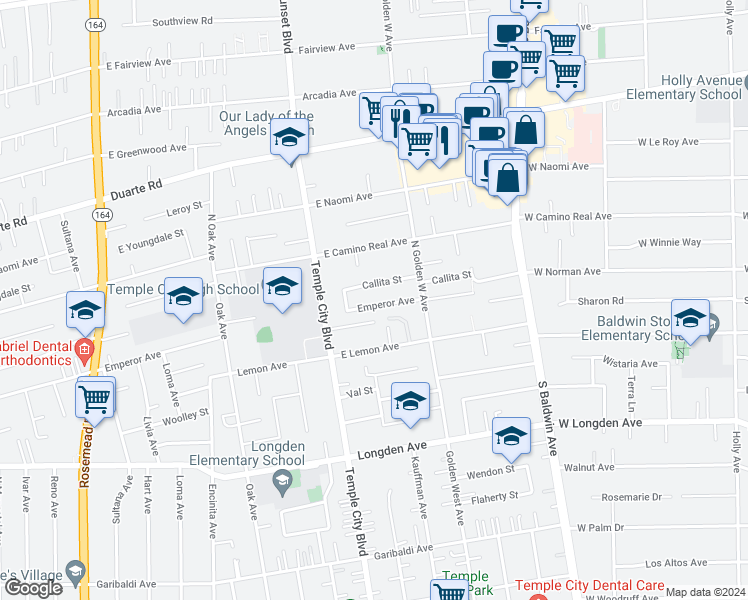 map of restaurants, bars, coffee shops, grocery stores, and more near 9703 Emperor Avenue in Arcadia