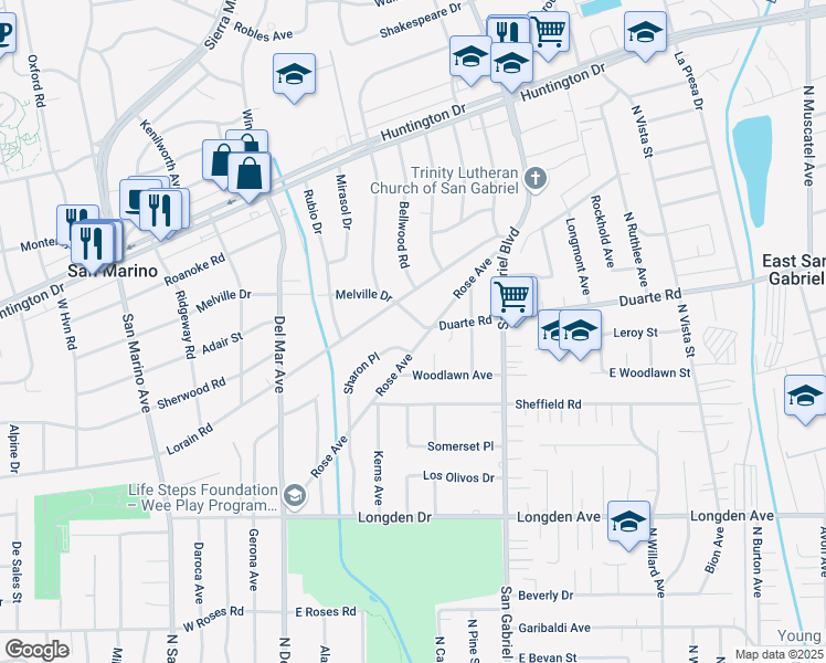 map of restaurants, bars, coffee shops, grocery stores, and more near 1705 Sharon Place in San Marino