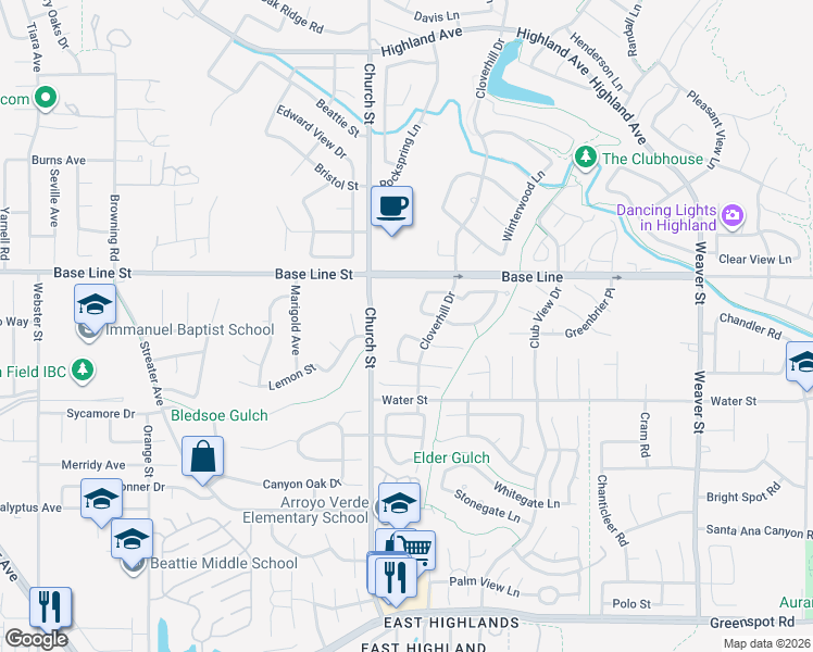 map of restaurants, bars, coffee shops, grocery stores, and more near 28962 Elder Creek Lane in Highland