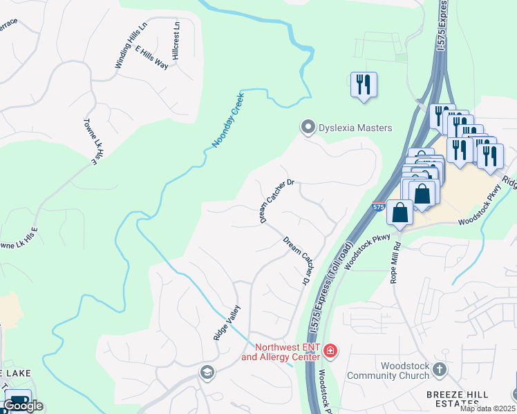map of restaurants, bars, coffee shops, grocery stores, and more near 4073 Dream Catcher Drive in Woodstock