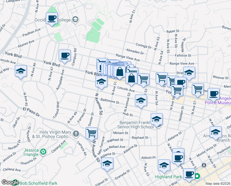 map of restaurants, bars, coffee shops, grocery stores, and more near 5105 Buchanan Street in Los Angeles