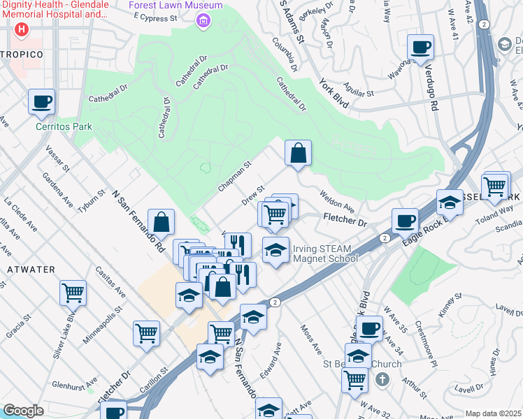 map of restaurants, bars, coffee shops, grocery stores, and more near 3161 Estara Avenue in Los Angeles