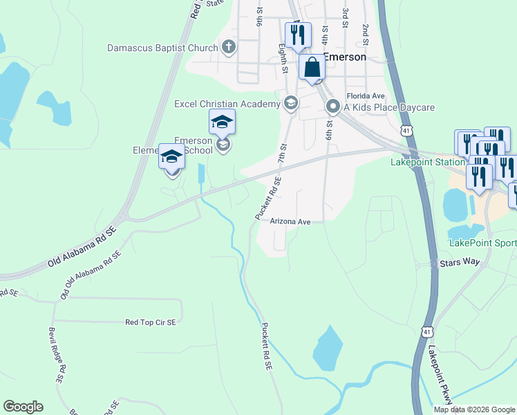 map of restaurants, bars, coffee shops, grocery stores, and more near 51 Puckett Road Southeast in Emerson