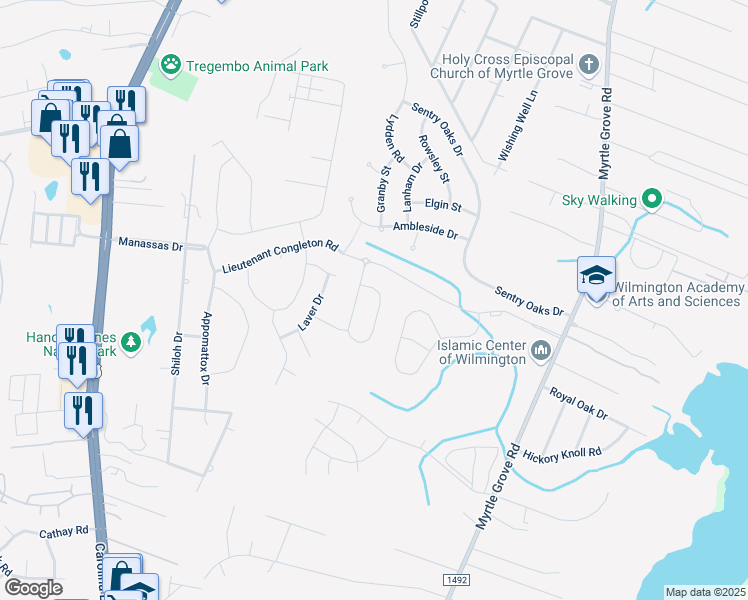 map of restaurants, bars, coffee shops, grocery stores, and more near 1318 Lt Congleton Road in Wilmington