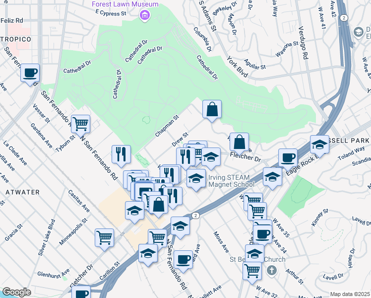 map of restaurants, bars, coffee shops, grocery stores, and more near 3161 Estara Avenue in Los Angeles