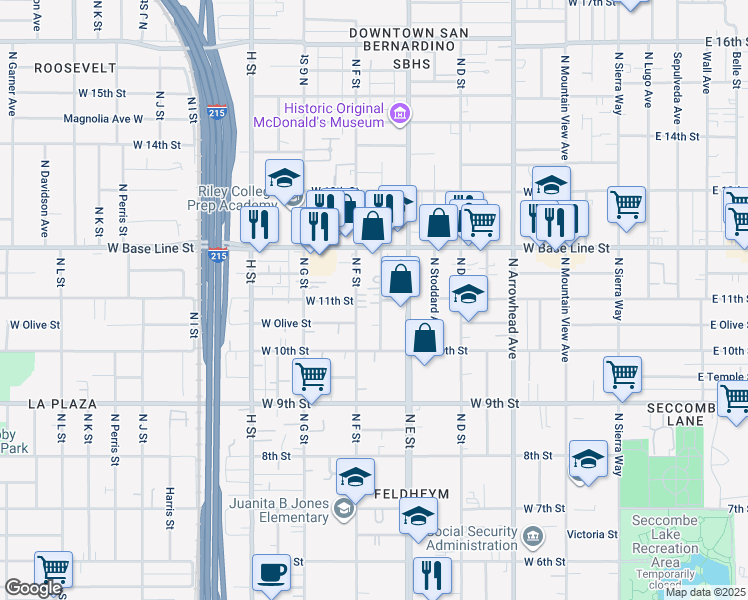 map of restaurants, bars, coffee shops, grocery stores, and more near 1098 Acacia Avenue in San Bernardino